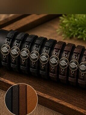 Genuine Leather Jesus Fish Bracelet | Adjustable Christian Faith Wristband